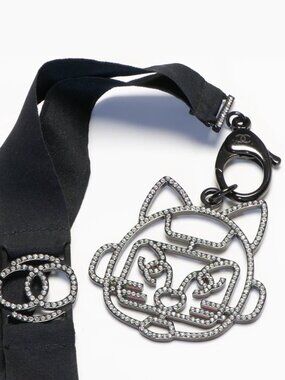 NWOT CHANEL 2017 Cat Necklace Lanyard-Crystal Rhinestone Black Cat Charm-CC Logo